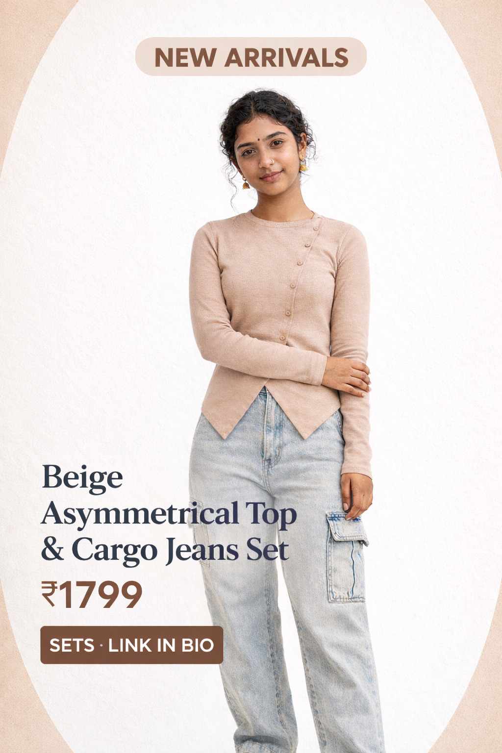 Beige Asymmetrical Top & Cargo Jeans Set